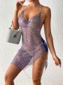 SHEIN SXY Backless Sequined Fishnet Chain Detail Halter Neck Dress