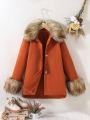 SHEIN Kids KDOMO Girls' Woolen Coat With Fur Collar, For Older Children