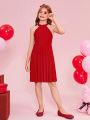 SHEIN Kids FANZEY Big Girls' Knitted Solid Color Loose Sleeveless Pullover Elegant Dress