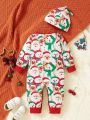 Girls Newborn Baby Christmas Print Contrast Binding Jumpsuit & Hat