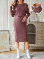 SHEIN Maternity Solid Rib-knit Tee & Adjustable Waist Skirt Set