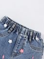 Casual And Cute Star Printed Baby Girl's Loose Denim Shorts With Comfortable Frayed Hem For Summer