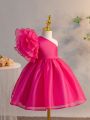 SHEIN Kids Nujoom Little Girls' Casual One Shoulder Layered Ruffle Sleeve Tulle Dress With Flared Hem