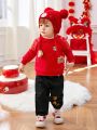 SHEIN Baby Boy Baby Girl Chinese New Year Cartoon Animal Pattern Drop Shoulder Sweatshirt And Pants Set