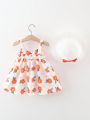Baby Girls' Romantic Vacation Style Sunflower Print Strappy Dress With Sun Hat
