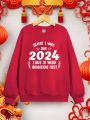 Teenage Girls' Casual 2024 New Year Pattern Long Sleeve Round Neck Sweatshirt, Suitable For Autumn & Winter
