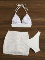 SHEIN Swim Vcay Women's Solid Triangle Cup Bikini Swimsuit Set + Jacquard Swim Skirt