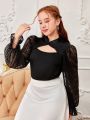 SHEIN Teen Girl Stand Collar Lace Patchwork Sheer Mesh Layered Flounce Sleeve Shirt With Cutout
