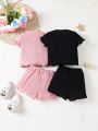 SHEIN Baby Girls' Casual Knit Solid Color Short Sleeve Cardigan Shorts 4pcs Outfit Set