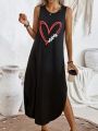 Heart & Letter Printed Dress With Asymmetric Hemline