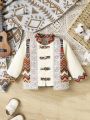 Baby Boys' Style Hanfu Costume With Geometric Print, Buttoned Long Sleeve Shirt And Pants, For Performance