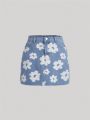 SHEIN Teen Girl's Casual Mid-Waist Denim Skirt With Integrated Flower Print