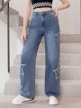 Teen Girls' Fashionable Star Patches Design Washed Denim Straight Pants