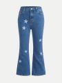 SHEIN Tween Girls' Casual Flared Jeans With Printed Design