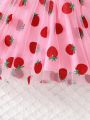 Baby Girl Backless Strawberry Embroidered Mesh Splicing Dress With Button Design