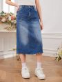 Teen Girls' Vintage College Style Casual Basic Elastic Waist Denim Skirt, Suitable For Any Occasion