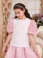 SHEIN Kids Nujoom Tween Girls' Cute Floral Applique Round Neck Puff Sleeve T-Shirt