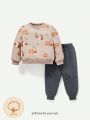 Cozy Cub Baby Boys' Cartoon Animal Print Round Neck Sweatshirt And Jogger Pants Set
