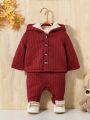 SHEIN Newborn Baby Boy Solid Button Front Teddy Lined Hooded Jacket & Pants Without Tee