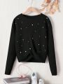 Teen Girls' Casual Loose Fit Round Neck Pullover Sweater With Body Beading Detail