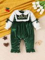 Baby Girl Floral Embroidery Ruffle Trim Velvet Jumpsuit