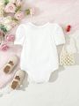 1pc Baby Girl Elegant Summer Cartoon Printed Bubble Sleeve Romper With Large Pattern