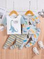 SHEIN 4pcs/Set Baby Boys' Cartoon Dinosaur Print Short Sleeve Top & Tight Elastic Waist Bind Feet Pants Pajama Set