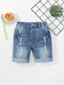 Young Boy Vintage Street Style Cool Washed Ripped Distressed Frayed Hem Denim Shorts With Elasticity And Comfortable Fit
