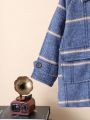 Young Boy Plaid Print Raglan Sleeve Flap Pocket Thermal Lined Overcoat