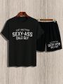 Men'S Slogan Printed Short Sleeve T-Shirt And Shorts Set