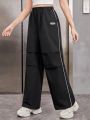 SHEIN Female Teenagers' Casual Trousers With Patchwork Monogram And Diagonal Pockets