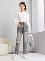 SHEIN Teenage Girls' Casual Slim Fit Asymmetric Ripped Jeans
