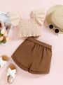 SHEIN Kids FANZEY Toddler Girls Flutter Sleeve Shirred Top & Roll Up Hem Belted Shorts