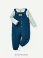 Cozy Cub Baby Boys' Stripe Round Neck Top With Badge Decor Overall & Cuffed Pants Set