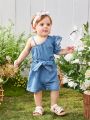 Baby Girl's Vacation Casual Style Cute Asymmetric Neck Ruffle Hem Thin Belted Jumpsuit, Comfortable & Lightweight