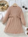 Girls' Casual Solid Color High-neck Long Sleeve Dress With Bow Detail For Autumn And Winter