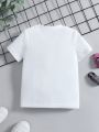 SHEIN Kids QTFun Young Boy White Vehicle Minimalist & Cute Street Style T-shirt, Regular Short Sleeve, Summer