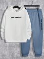 SHEIN Extended Sizes Men's Plus Size Letter Print Hoodie And Sweatpants Two Piece Set