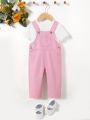 SHEIN Baby Girls' Comfortable Water Washed Soft Denim Jumpsuit, Casual And Stylish, Pink