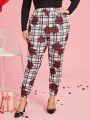 SHEIN Clasi Valentine's Day  Plus Size Rose And Check Printed Skinny Pants