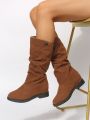 Women's Wedge Heel Thick Platform One-piece Slip-on Fashionable Ruched Boots With Hidden Heels Mid-calf Comfy Booties