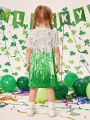 SHEIN Kids SUNSHNE Toddler Girls' Cartoon Printed Dress With Imitation Pearl Decor