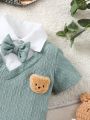 Baby Boys' Short Sleeve 2 In 1 Romper With Bear Patch And Bow Decorated, Summer