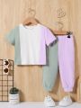 SHEIN Infant Boys' Casual Colorblock Short Sleeve T-Shirt And Elastic Waist Long Pants Set