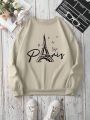 Eiffel Tower & Butterfly Print Thermal Lined Sweatshirt