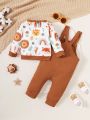 Baby Boys' Animal & Floral Printed Round Neck Long Sleeve Sweatshirt And Overalls Two-Piece Set
