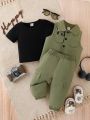 Baby Boys' Personalized Simple Tank Top, Vest And Cargo Pants Outfit Set For Summer