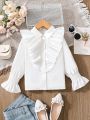 SHEIN Kids Nujoom Little Girls' Ruffle Trimmed Button-front Long Sleeve Shirt With Embellishments Suitable For Autumn And Winter