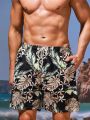 Men's Elastic Waist Beach Shorts With Plant Print