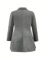 Women's Plus Size Gray Woolen Coat With Pointed Lapel And Double Breasted Button